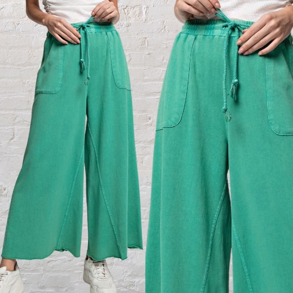EASEL "The Originals" Mineral Washed Wide Leg Drawstring Pants Pockets Raw Hems - Picture 5 of 16
